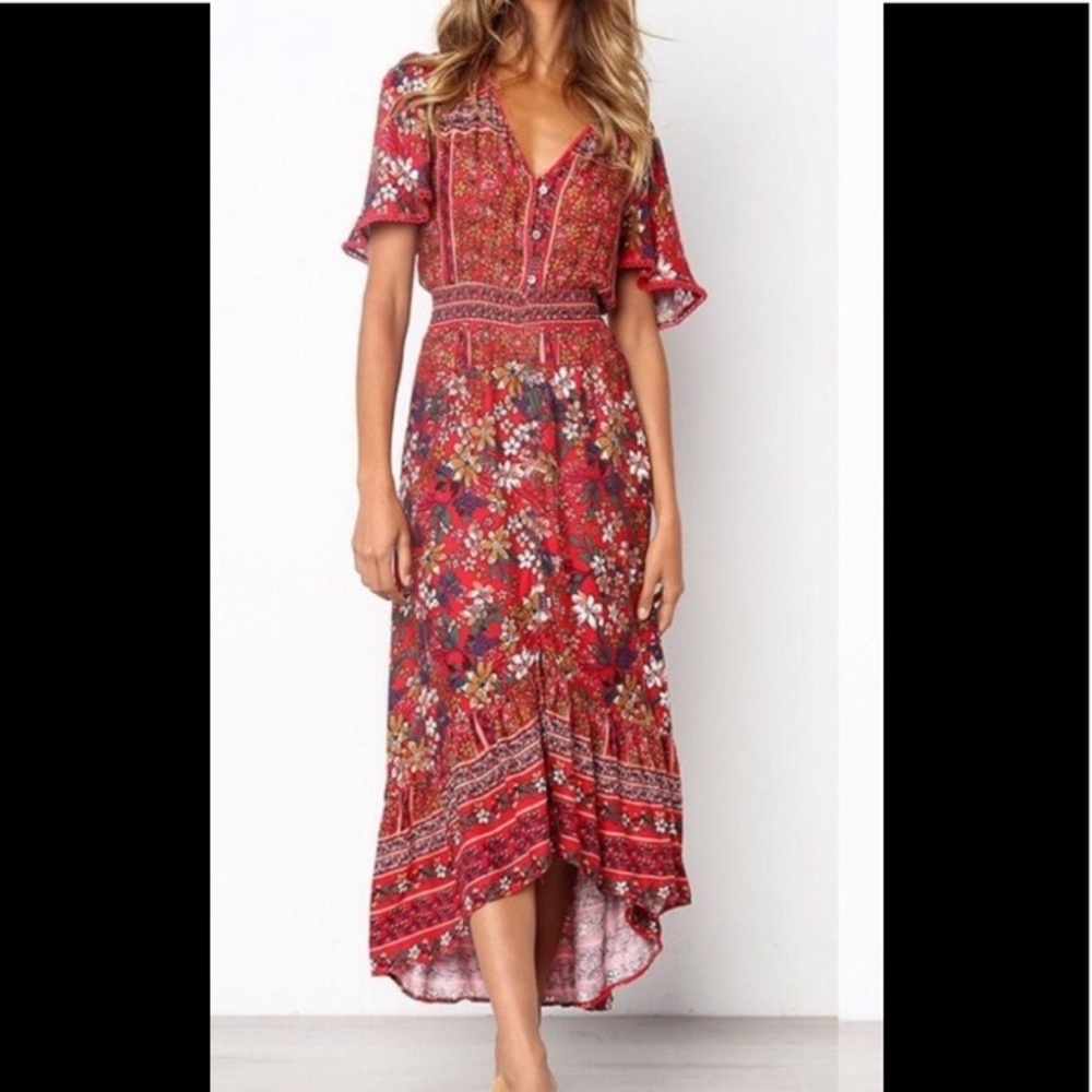 Red pattern high low dress with ruffles & Buttons